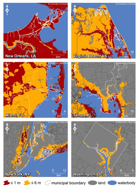 Mapa možných zaplavených oblastí na pobřeží USA. Červeně jsou zobrazena území ohrožená při stoupnutí hladin moře o metr, žlutě o šest. Pro větší obrázek klikněte zde.