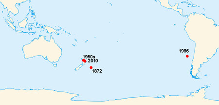 Místa, kde byl vorvaňovec Mesoplodon traversii dosud zaznamenán