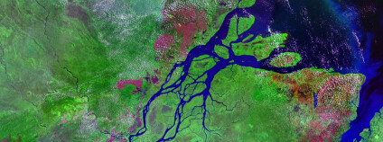 Satelitní snímek ústí řeky Amazonky v Brazílii. Uprostřed ostrov Marajó, a červeně města Macapá (nalevo) a Belém (napravo Foto: NASA Wikimedia Commons