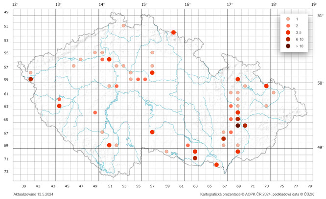 Počet nálezů podle záznamů v Nálezové databázi ochrany přírody.