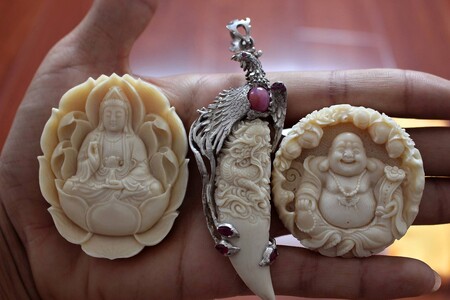 Přívěšek a okrasné předmety vyrobené z nosorožčího rohu. Ilustrační foto.