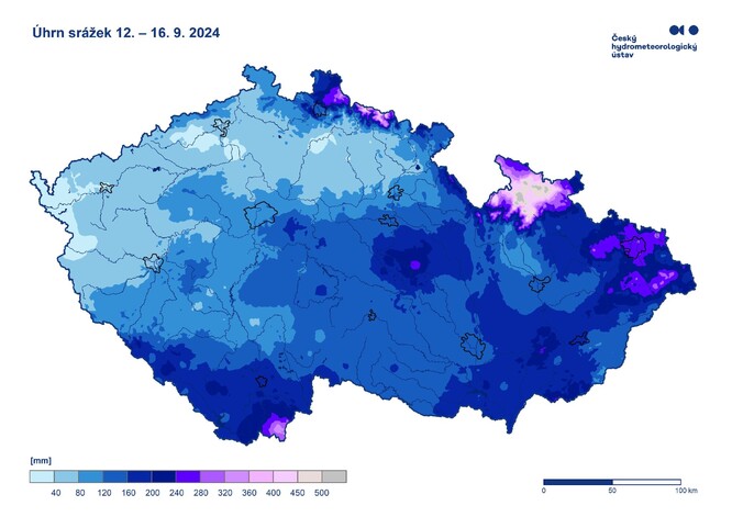 Obr. 3: Úhrn srážek spadlých na území ČR v období 12. – 16. 9. 2024 [6]