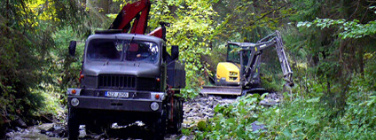 Úprava koryta řeky v Beskydech při simulaci zásahu těžké techniky do vodního toku, vliv na ryby