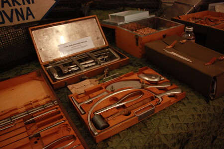 Exponáty (na obrázku) tvoří především polní veterinární soupravy používaných armádou k vyšetření, léčení či chirurgickým zákrokům u koní a dalších hospodářských zvířat.