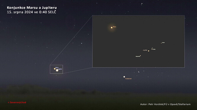 Těsná konjunkce Jupiteru a Marsu 15. srpna 2024, viditelná od půlnoci do rozbřesku.