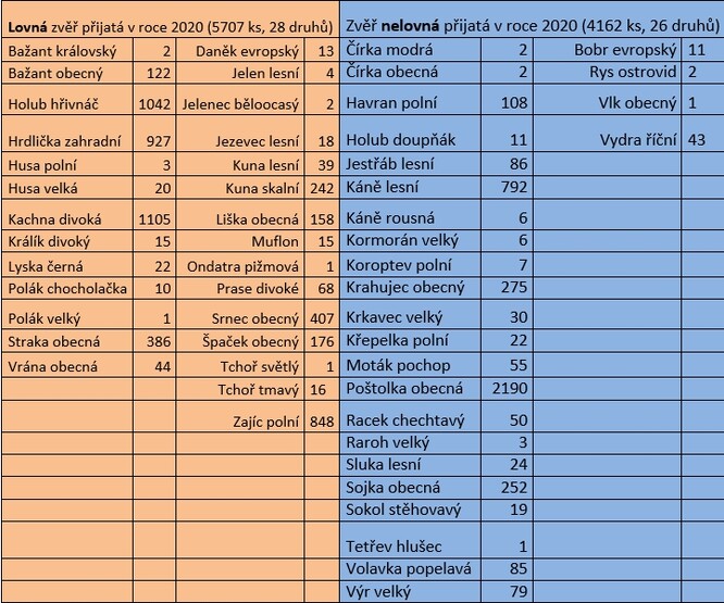 Počty jedinců zvěře přijaté do péče Národní sítě záchranných stanic v roce 2020 – děleno dle druhů zvěře lovné a kterou nelze lovit dle zákona o myslivosti.