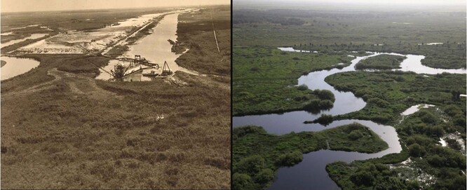 Obr. 3. Řeka Kissimme před (vlevo) a po (vpravo) krajinotvorném zásahu.