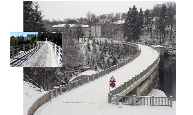 Hráz přehrady Pastviny na Divoké Orlici po rekonstrukci, na malém snímku původní stav.