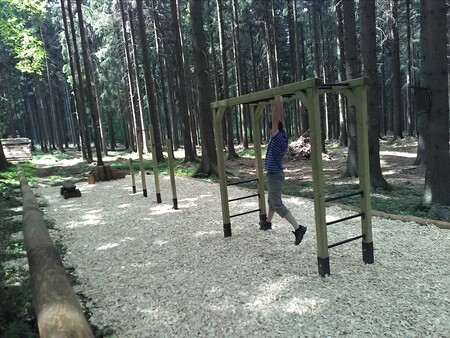 Lesy ČR vybudovaly kombinovanou sestavu, řetězový most, ručkovadlo, hrazdy a otočku z kulánů za 190 tisíc Kč. Tělocvična je přístupná celoročně.