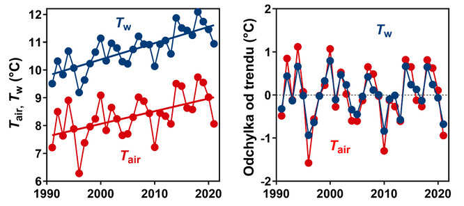 Dlouhodobé trendy vývoje průměrné teploty vzduchu (červeně Tair) a teploty vody (modře Tw) v období 1991–2021. Z obou grafů je dobře patrné, že průměrná roční teplota vody se měnila v závislosti na teplotě vzduchu.