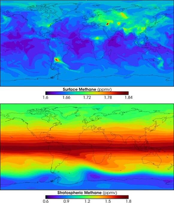 Dva počítačové modely znázorňující množství metanu na zemském povrchu a ve stratosféře.