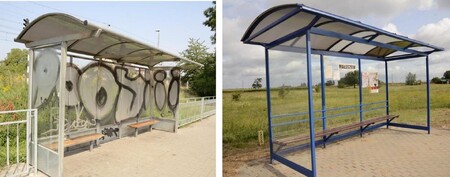 Na obrázku příklady autobusových zastávek se skleněnými přístřešky. 1. obr. vandalizovaný skleněný kryt autobusů (graffiti); 2. obr. dobře udržovaný, čistý přístřešek.