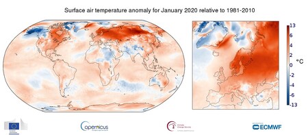 Anomálie teploty povrchového vzduchu za leden 2020 ve srovnání s lednovým průměrem za období 1981–2010. Průměrná teplota v prvním měsíci letošního roku byla podle nich v Evropě o 3,1 stupně vyšší, než jaký je průměr let 1981 až 2010.