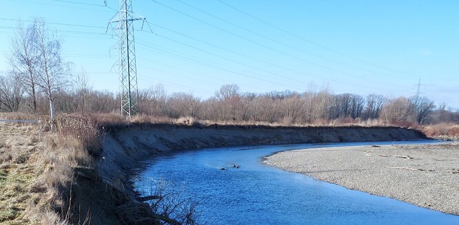 Přírodovědci jásají, energetici trnou. Přirozeně obnovený meandr řeky Bečvy se přibližuje ke sloupu velmi vysokého napětí.