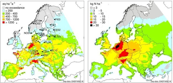 Vlevo překročeni kritické zátěže nutričního dusíku atmosférickou depozicí, vpravo depozici dusíku v Evropě.