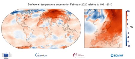 Mapa 2 - Srovnání anomálie teploty vzduchu za únor 2020 ve srovnání s únorem 1981-2010.