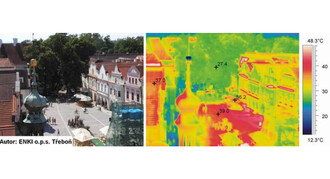 Snímek z termokamery - náměstí v Třeboni - ukazuje rozdíl teplot na ploše bez zeleně a se zelení.