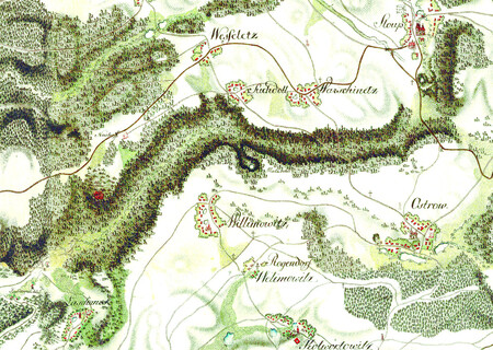 Severní část Moravského krasu na mapě I. vojenského mapování