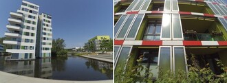 Vodní domy a BIQ s fasádou s mikrořasami v areálu IBA 2013 v Hamburku.