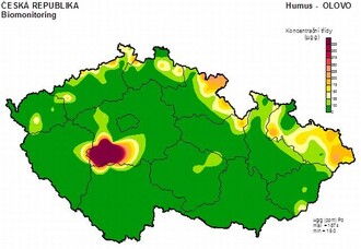 Výsledek zjišťování starých zátěží znečištění lesního humusu  olovem kolem kovohutí Příbram, 1998.