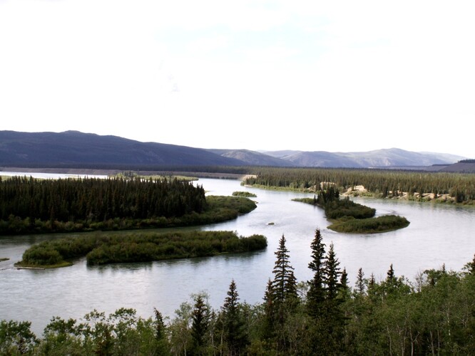 Řeka Yukon v Kanadě pod známou peřejí 5 prstů, typická říční krajina.