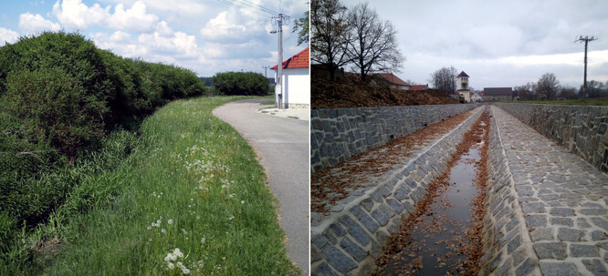Protipovodňové opatření vybudované v rámci pozemkových úprav v Jaronicích, stav před (vlevo) a po.