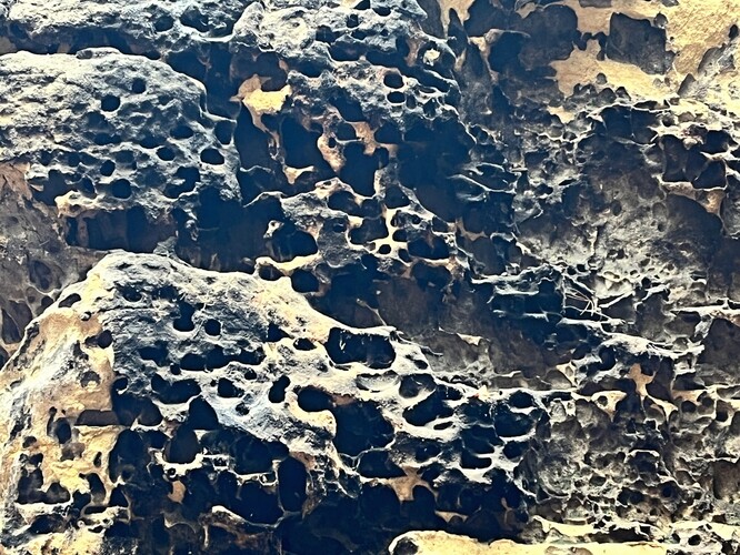 Unikátní voštinová struktura pískovce poškozená dehtem z ohně na místě srubu Kajmano (zbořen na jaře 2020).