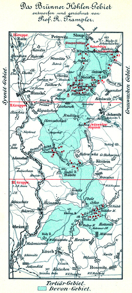 Mapa Brněnského jeskynního území od Richarda Tramplera.