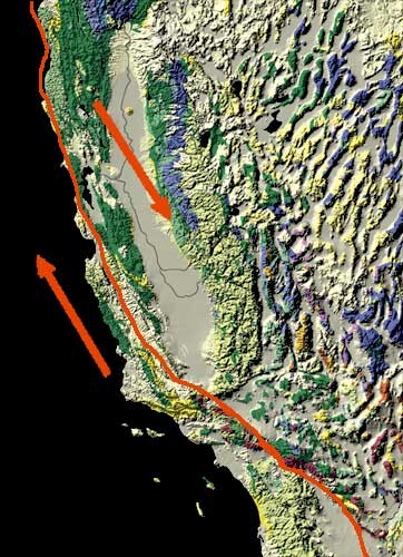 Zlom San Andreas na schematické mapě USA.