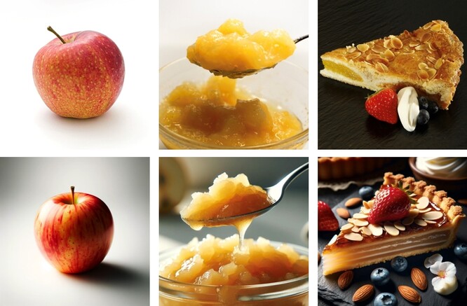 V horním řádku jsou fotky skutečných potravin, v druhém řádku jsou obrázky vygenerované umělou inteligencí. Vlevo jsou vždy přírodní potraviny, vpravo potraviny uměle zpracované.
