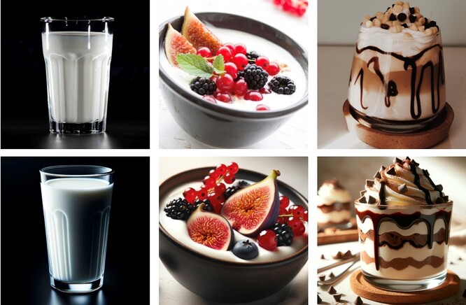 V horním řádku jsou fotky skutečných potravin, v druhém řádku jsou obrázky vygenerované umělou inteligencí. Vlevo jsou vždy přírodní potraviny, vpravo potraviny uměle zpracované.