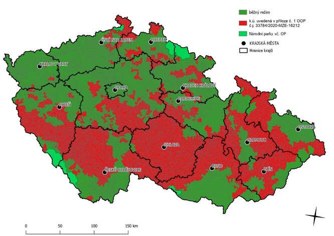 Červená zóna lesů zasažených kůrovcem k 27. červenci 2020