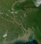 Satelitní snímek delty řeky Gangy.