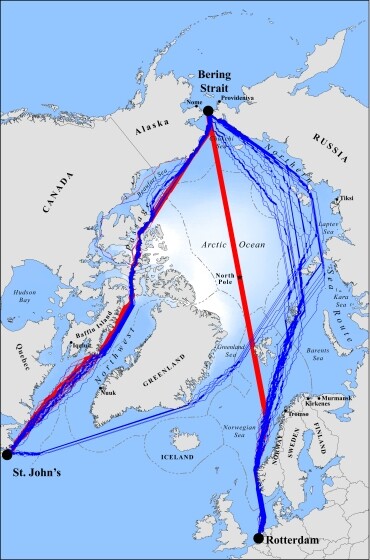 V polovině století se zřejmě otevřenou dvě nové lodní cesty: Severozápadní průjezd podél pobřeží Kanady a Severní mořská cesta podél pobřeží Ruska. Červené trasy ukazují možné nejrychlejší spojení přes Arktidu pro běžné ledoborce. Modré trasy pak ukazují trasy, které budou schůdné pro běžné lodi. Tloušťka čar pak indikuje předpokládanou vytíženost trasy.
