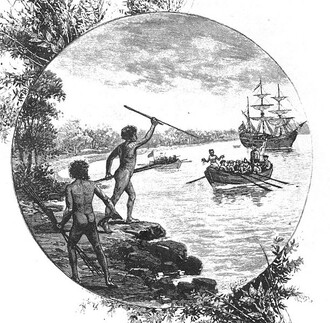 Rytina z 19. století zobrazující první kontakt kapitána Cooka a jeho námořníků s Gweagaly, kmenem Austrálců, který obýval budoucí Nový Jižní Wales