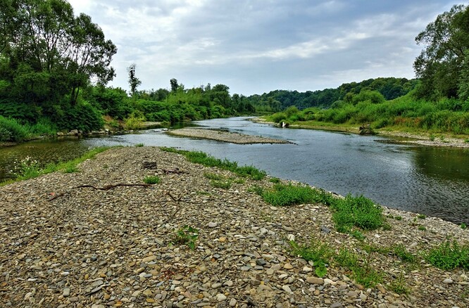 Řeka Bečva a její unikátní štěrkové lavice u obce Skalička.
