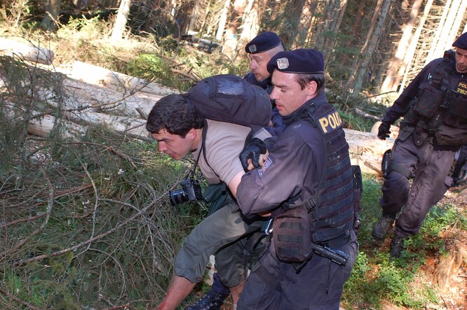 Policie vyvádí z lesa účastníky blokády, kteří se pohybovali v protoru označené těžby stromů.