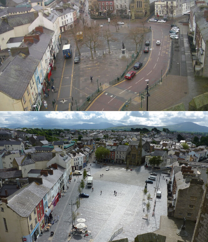 Sdílený dopravní prostor na náměstí Castel Square v Caernarfonu. Před a po rekonstrukci náměstí.