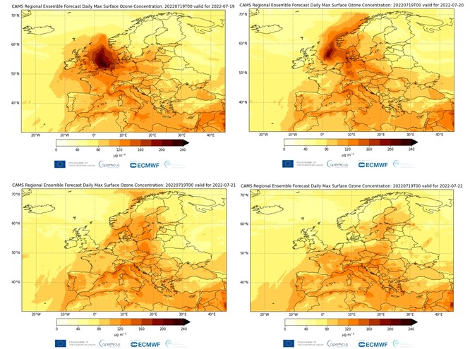 Regionální ansámblové předpovědi CAMS pro denní maximální koncentrace ozonu při zemském povrchu v Evropě inicializované 19. července 2022 a platné pro období 19.-22. července. 
