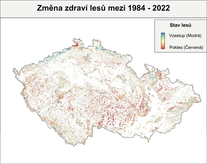 Obr. 1. Změna zdravotního stavu lesů ČR mezi roky 1984 a 2022, vyjádřené jako sklon regresní křivky. Vypočteno na základě LAI (Leaf Area Indexu) ze snímků družice Landsat 5 a 8. Vlastní mapové zpracování Člověk v tísni, zdroj dat