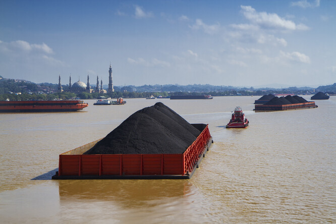 Indonésie je třetím největším producentem uhlí na světě a průměrné stáří tamních uhelných elektráren je pouze 12 nebo 13 let. Tyto elektrárny mohou být v provozu až 45 let. Na fotografii lodě přepravující uhlí po řece Mahakam na Východním Kalimantanu v Indonésii.
