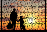 uprchlíci u drátěného plotu