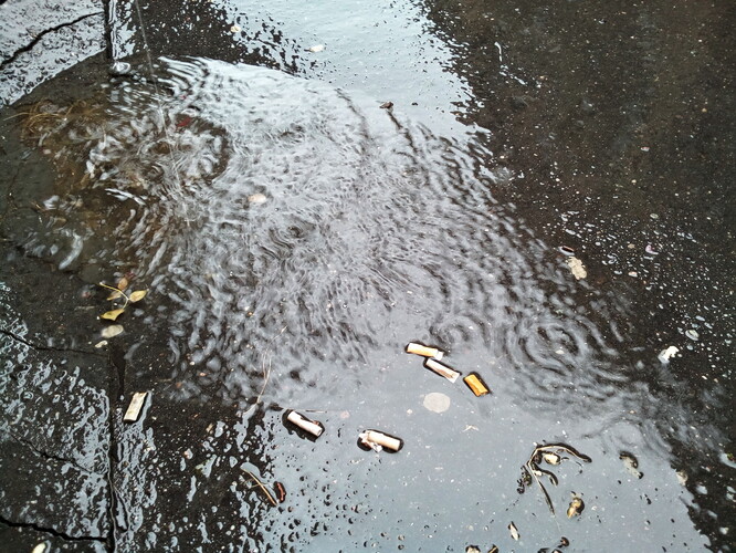 Přívalový déšť v Praze. Voda se dere z okapových svodů na chodník. Ilustrační snímek.