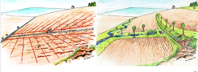 Současný systémy hospodaření na zemědělské půdy a schéma nového systému s vodohospodářskými opatřeními