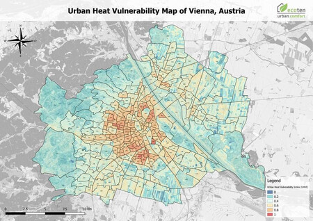 Teplotní mapa města Vídně.