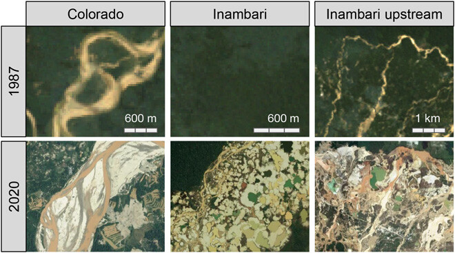 Srovnání satelitních snímků z lety 1987(Landsat) a 2020 (Google Earth, Maxar, Airbus a (CNES)) ukazuje dopady těžby na krajinu.