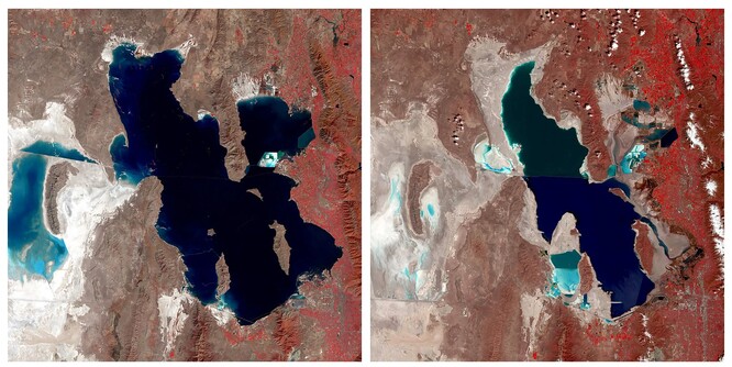 Velké solné jezero, vlevo snímek z roku 1987, vpravo snímek z roku 2021.
