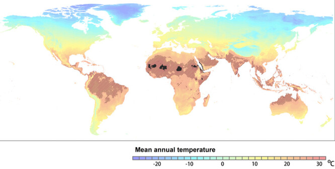 Malé tmavé oblasti mají v současnosti roční průměry nad 29 °C. Do roku 2070 by scénář extrémní změny klimatu rozšířil tuto oblast tak, že by zahrnovala všechny červené oblasti, ve které žije 3,5 miliardy lidí.