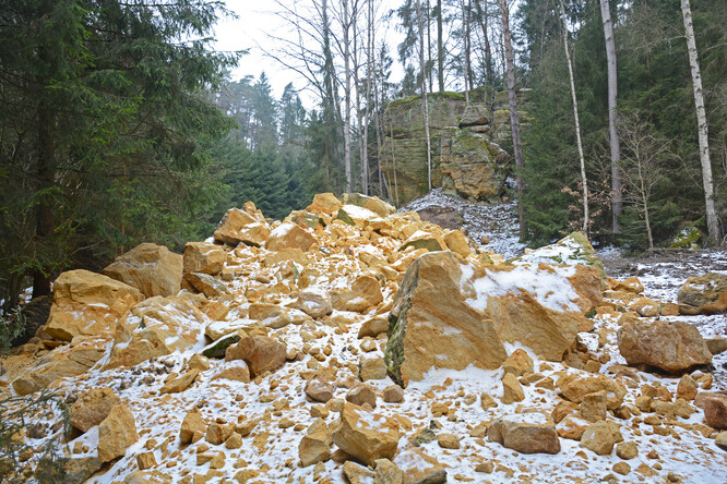 Zřícená věž Jestřebická perla v Šemanovickém dole na Kokořínsku krátce po pádu v lednu 2014. Pád věže lépe odkryl za ní stojící Dětskou věž, která se zřítila o čtyři roky později. Foceno v únoru 2014.