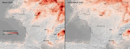 Mapa - Koncentrace oxidu dusičitého ve Francii 2019 vs. 2020.